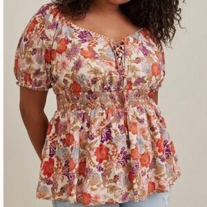 Torrid Cottagecore Peasant Boho Hippie Flirty georgette floral eyelet top size 1